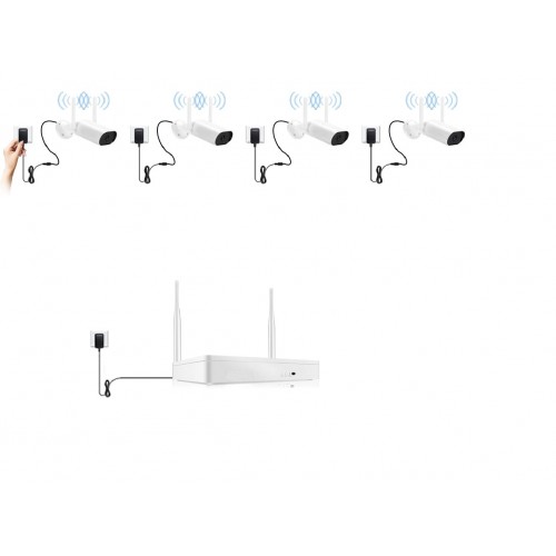 Neljä langatonta WIFI-yhteydellä toimivaa ja NVR-verkkotallentimella varustettua IP-kameraa